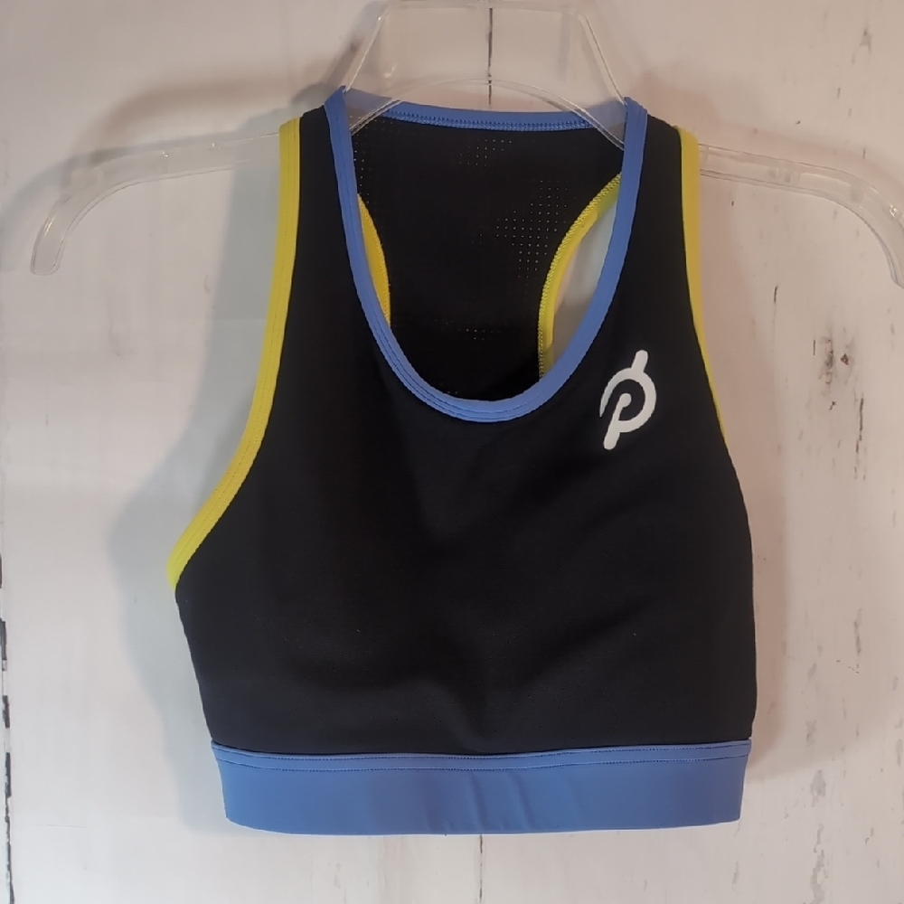Peloton Black Blue and Neon Yellow Athletic Crop Top & Leggings Set - Picture 4 of 6